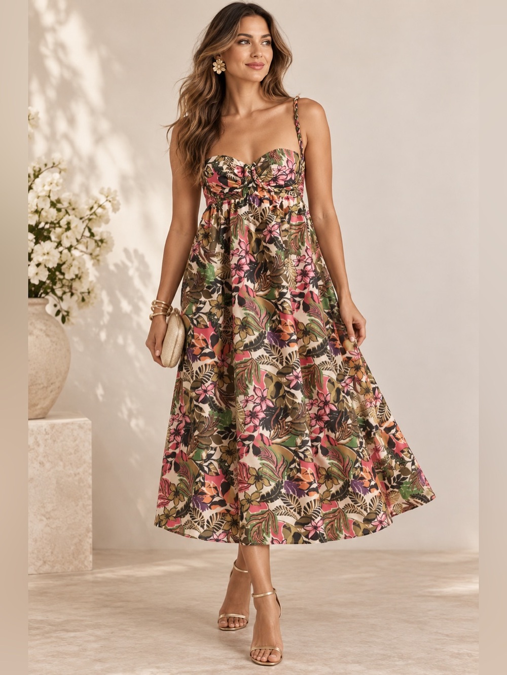 Hutch Pocket Floral Sleeveless Twist Smocked Midi Dress Size L